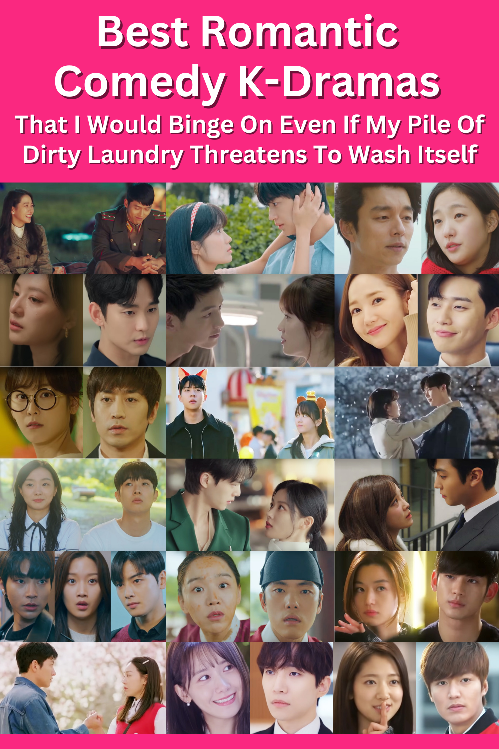 A vibrant collage featuring scenes from various popular romantic comedy K-dramas, highlighting the best romantic comedy K-drama list for binge-watching.